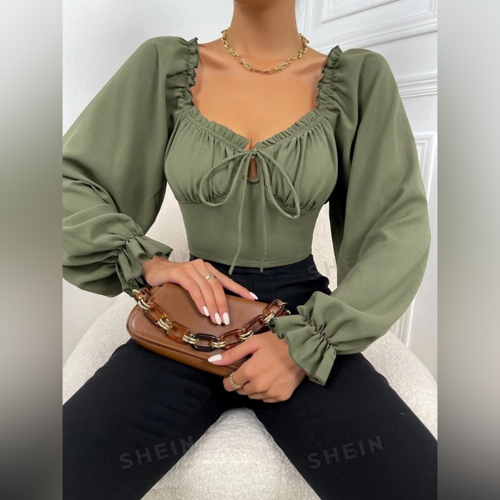 Green Long Sleeve Boho Villager Crop Bustier Ruched Back - Size L